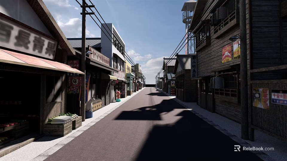 Traditional Commercial Street With Japanese Style Buildings And Shop Signboards 3d model 