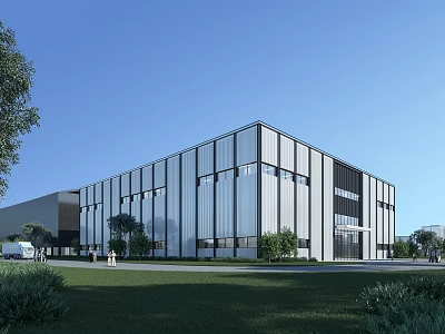 Modern Industrial Factory Exterior With Glass Curtain Wall Green Lawn And Asphalt Road 3d model
