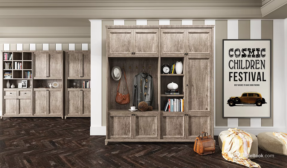 Rustic Wooden Shoe Cabinet With Storage Shelves And Hanging Space In Entryway 3d model 