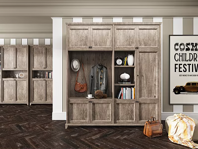 Rustic Wooden Shoe Cabinet With Storage Shelves And Hanging Space In Entryway 3d model