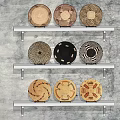 Woven Decorative Ornament Set On Three Tiered Wall Shelves With Diverse Patterns
