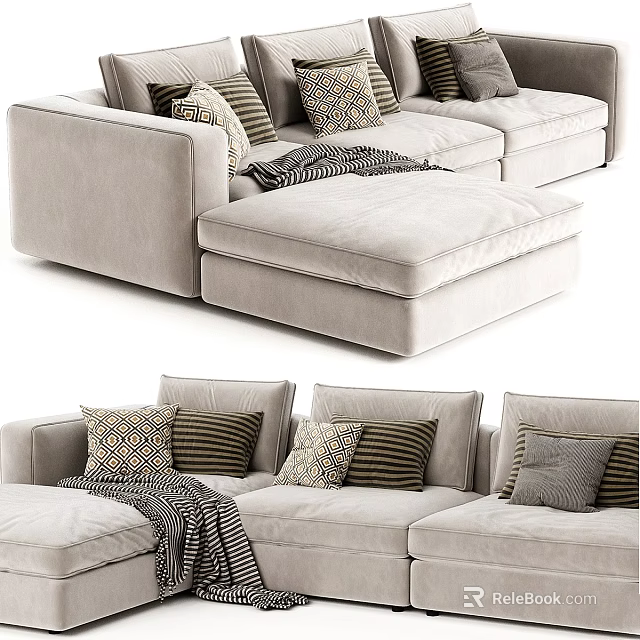 Modern Sectional Sofa With Decorative Pillows And Cozy Throw Blanket For Living Room 3d model 