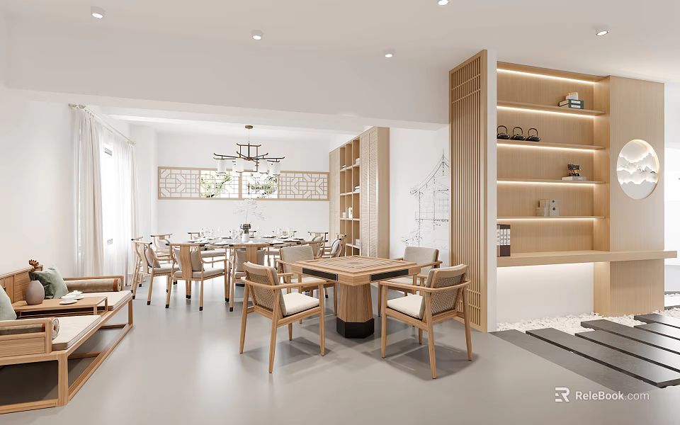 Private Dining Room In Chinese Style With Wooden Furniture And Chandelier 3d model 