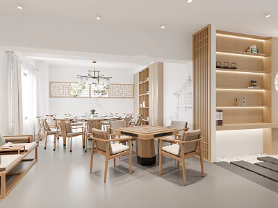 Private Dining Room In Chinese Style With Wooden Furniture And Chandelier 3d model