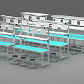 Functional Worktables With Upper Shelves Blue Worktops And Rolling Stools For Workshop Use