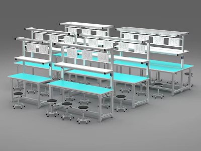 Functional Worktables With Upper Shelves Blue Worktops And Rolling Stools For Workshop Use 3d model