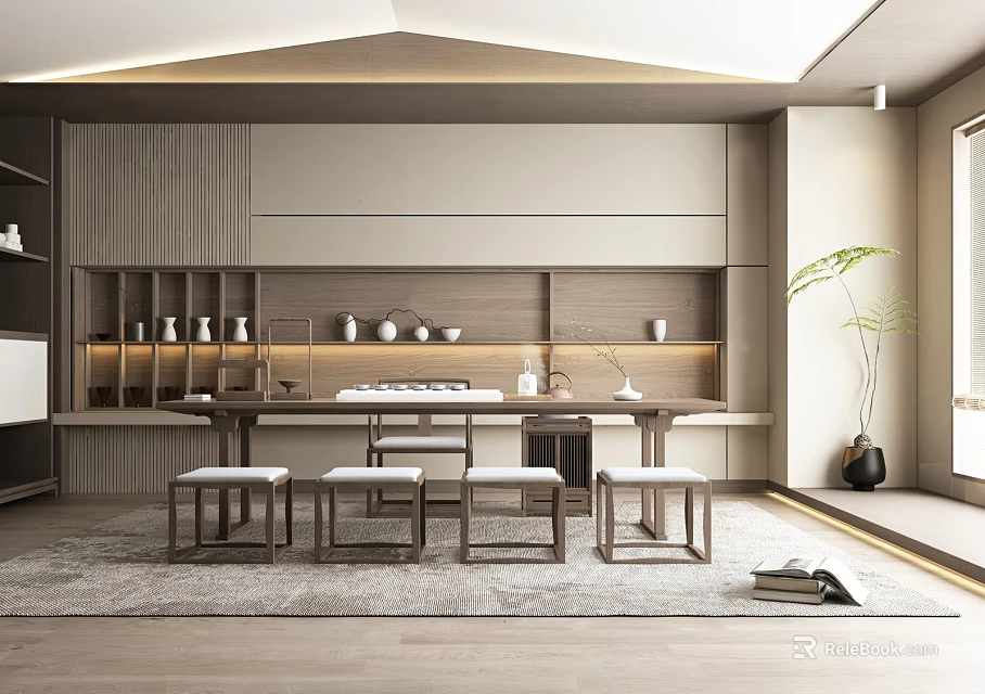Minimalist Tea Room Interior Featuring Wooden Shelves Tea Sets Long Table Stools And Green Plant 3d model 