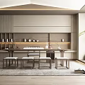 Minimalist Tea Room Interior Featuring Wooden Shelves Tea Sets Long Table Stools And Green Plant
