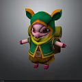 Cute Pig Character 3D Model Wearing Green Hoodie Yellow Scarf And Backpack