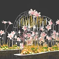 Decorative Event Arch With Pink Flowers Golden Pendants Green Plants And Butterflies