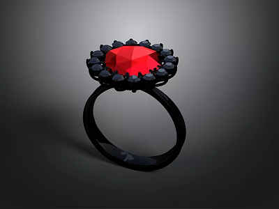 Elegant Black Ring Featuring Red Gemstone And Black Decorative Accents 3d model