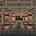 Traditional Chinese Restaurant With Wooden Ceiling Red Lanterns And Dining Chairs