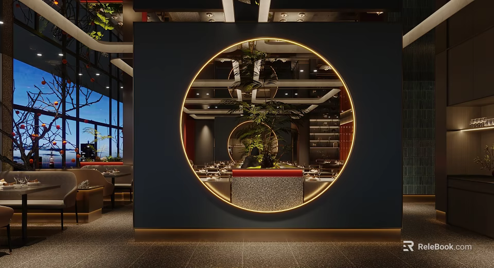 Restaurant Interior Design With Circular Golden Framed Mirror Green Plant And Dining Tables 3d model 