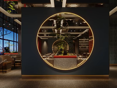 Restaurant Interior Design With Circular Golden Framed Mirror Green Plant And Dining Tables 3d model