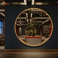Restaurant Interior Design With Circular Golden Framed Mirror Green Plant And Dining Tables