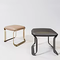 Two Modern Minimalist Stools With Light Brown Dark Gray Textured Seats And Metal Legs