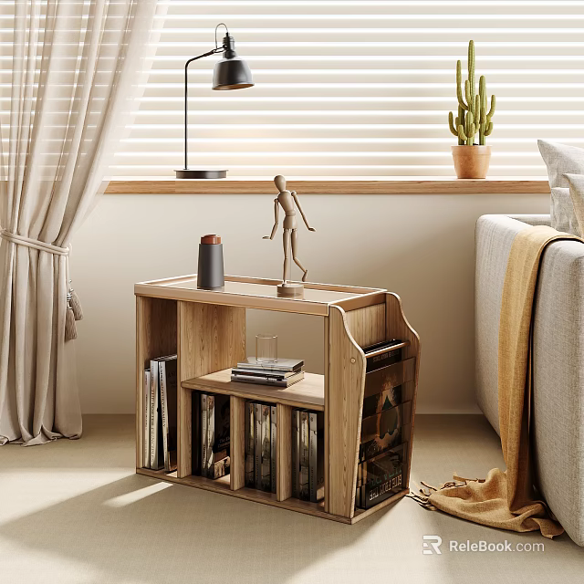 Stylish Wooden Side Table With Sculpture Cup Books Table Lamp Cactus And Curtains In Living Room 3d model 