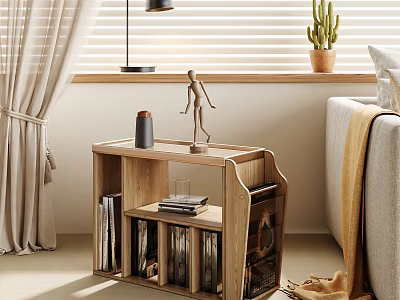 Stylish Wooden Side Table With Sculpture Cup Books Table Lamp Cactus And Curtains In Living Room 3d model