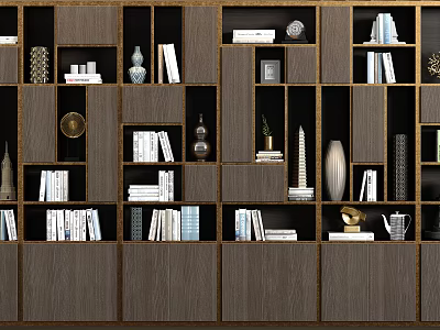 Elegant Modern Bookcase Design With Wooden Gold Accents Multiple Compartments Books Decorative Items 3d model