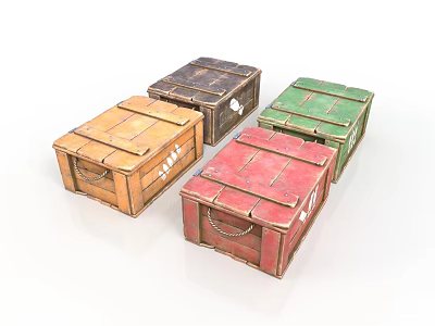 Assorted Colored Wooden Crates With Orange Brown Red Green Hues And Metal Handles White Labels 3d model