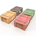 Assorted Colored Wooden Crates With Orange Brown Red Green Hues And Metal Handles White Labels