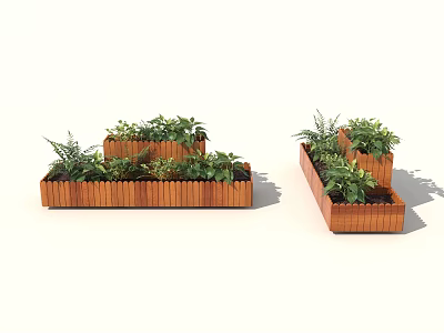 Wooden Multi Tiered Garden Planter Boxes With Green Foliage And Herbs 3d model