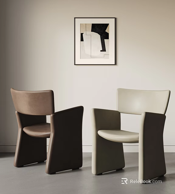 Modern Beige And Brown Leather Accent Chairs With Abstract Wall Art Design 3d model 