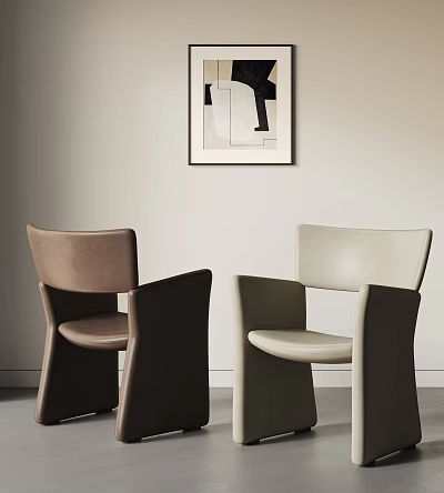 Modern Beige And Brown Leather Accent Chairs With Abstract Wall Art Design 3d model
