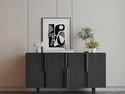 Modern Black Entryway Console Cabinet With Abstract Art White Vases And Green Plant 3d model