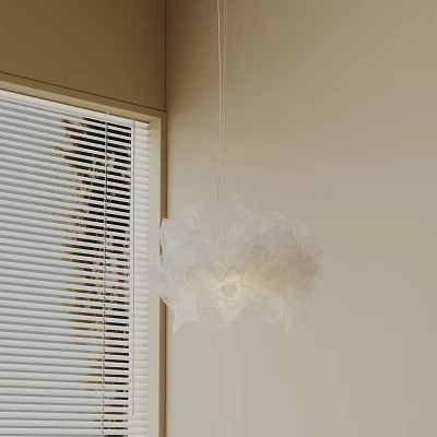White Petal Like Chandelier With Soft Light Near Beige Wall And Blinds 3d model