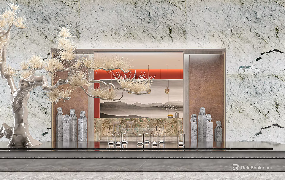 Chinese Traditional Courtyard Garden With Marble Walls Pine Tree And Stone Lanterns 3d model 