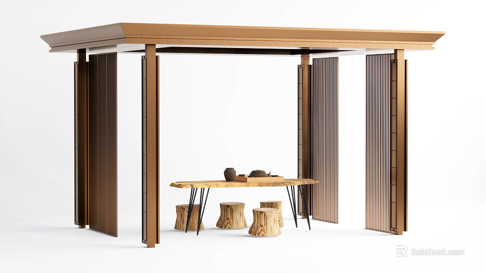 Wooden Pergola Design With Open Structure And Wooden Table With Tree Stump Stools 3d model 