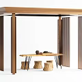 Wooden Pergola Design With Open Structure And Wooden Table With Tree Stump Stools
