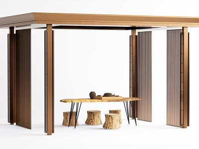 Wooden Pergola Design With Open Structure And Wooden Table With Tree Stump Stools 3d model