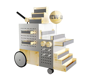 Mobile Wooden And Metal Display Rack With Wheels Shelves Drawers New Sign 3d model