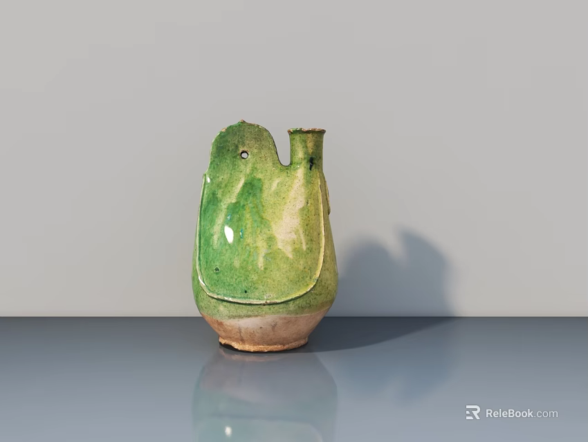Handcrafted Green Ceramic Sculpture With Unique Shape And Shadow On Reflective Table 3d model