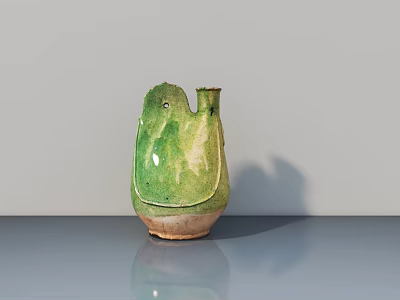 Handcrafted Green Ceramic Sculpture With Unique Shape And Shadow On Reflective Table 3d model