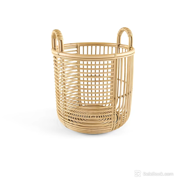 Light Brown Woven Rattan Basket With Handles And Open Weave Design 3d model 