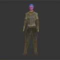 Gray Haired Woman In Metallic Armor Standing Against Gray Background With Futuristic Details