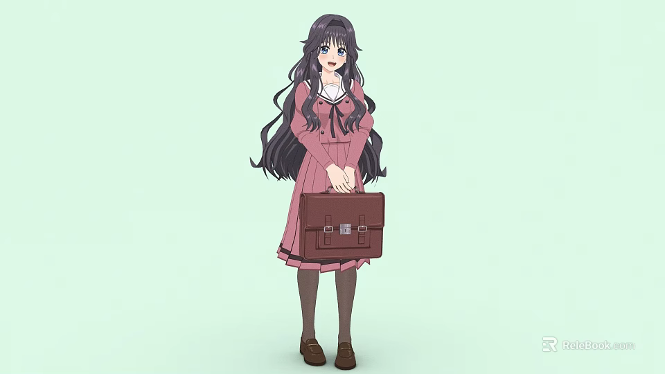 Anime Woman With Long Hair In Pink Dress Holding Brown Suitcase Light Green Background 3d model 