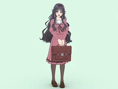 Anime Woman With Long Hair In Pink Dress Holding Brown Suitcase Light Green Background 3d model