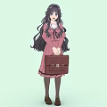 Anime Woman With Long Hair In Pink Dress Holding Brown Suitcase Light Green Background