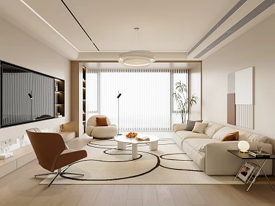 Modern Living Room Interior Design With Beige Sofa Armchair Round Rug And Large Window 3d model