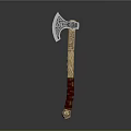 Decorative Axe With Intricate Metal Head And Carved Wooden Handle