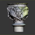 Carved Decorative Vase With Intricate Face Designs And Green Accents On Pedestal Base