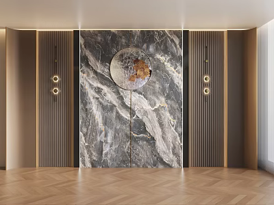 Modern Luxury Foyer With Marble Accent Wall Round Decorative Mirror Wooden Flooring And Wall Sconces 3d model