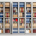 Organized Office Bookcases With Multiple Shelves Blue Red Brown Folders And Files