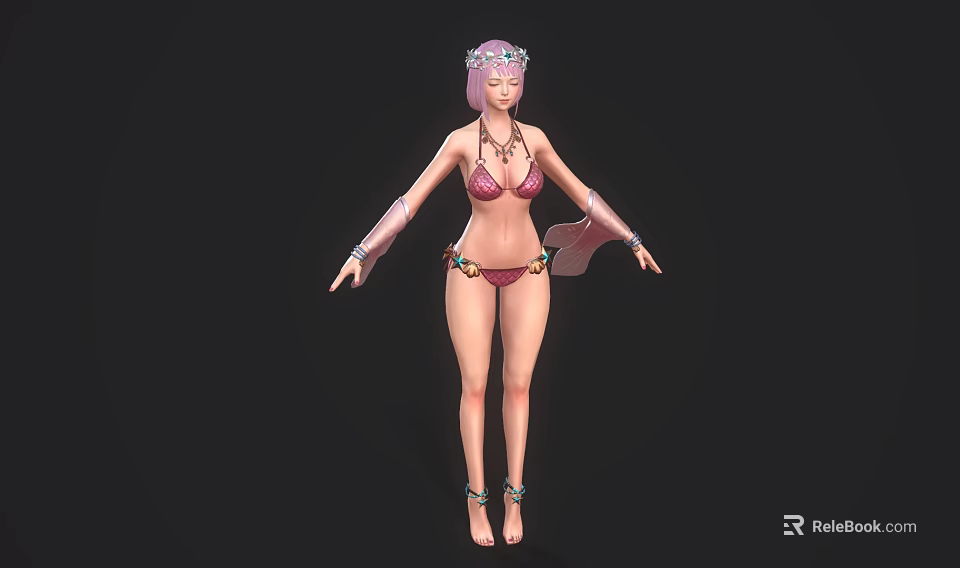 Game and Movie Character with Pink Hair Headpiece Bikini Arm Cuffs Anklets Flowing Sash 3d model 