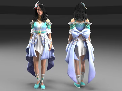 Anime Woman In Blue White Layered Dress With Large Back Bow And Light Blue Shoes 3d model