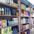 Organized Daily Necessities on Pharmacy Shelves Featuring Various Bottles and Boxes
